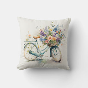 Coussin Vélo aquarelle avec panier à fleurs