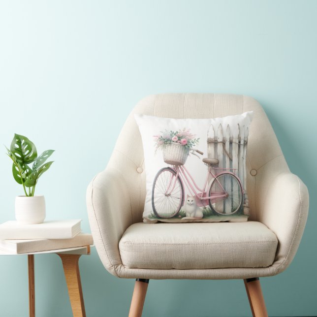 Coussin Vélo rose et chat blanc (Chaise)