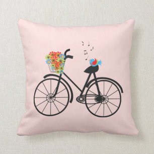 Coussin Vélo vintage et oiseaux chanteurs