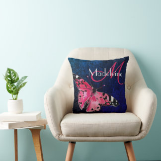 Coussin Velours bleu Imaginaire rose chaud Papillon Art Dé