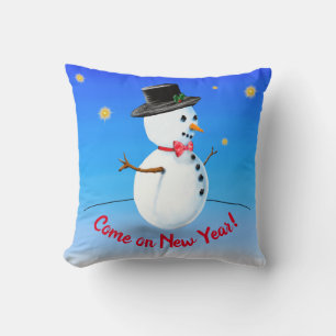 Coussin Venez le Nouvel An, bonhomme de neige fête au revo