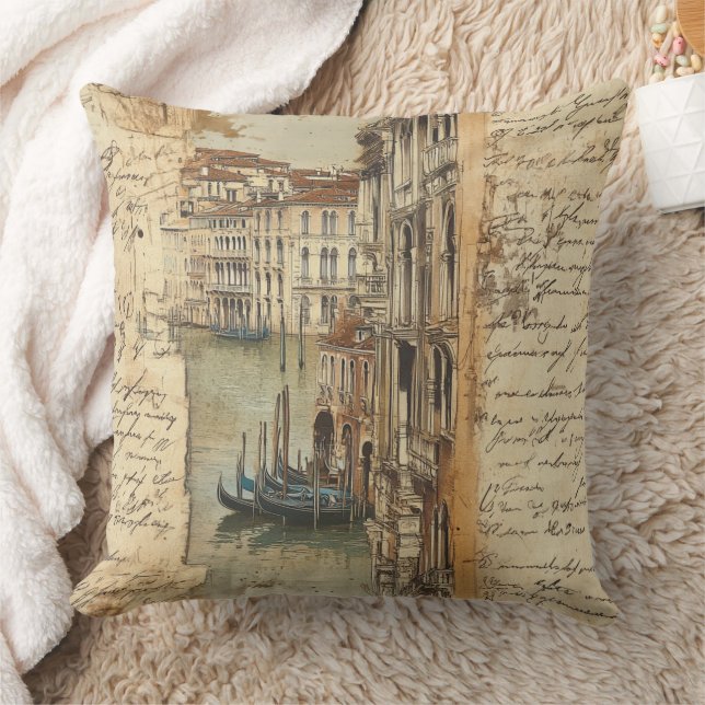 Coussin Venise vintage canal avec écriture manuscrite (Couverture)