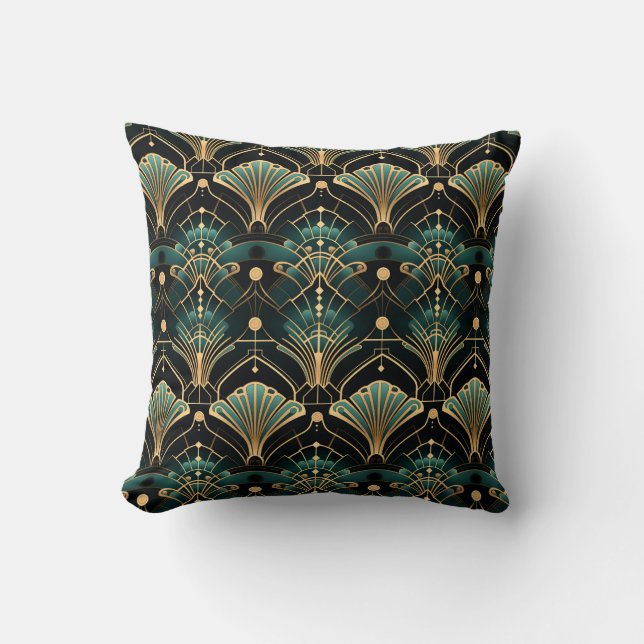 Coussin Ventilateur d'inspiration Art déco Emerald et Gold (Recto)