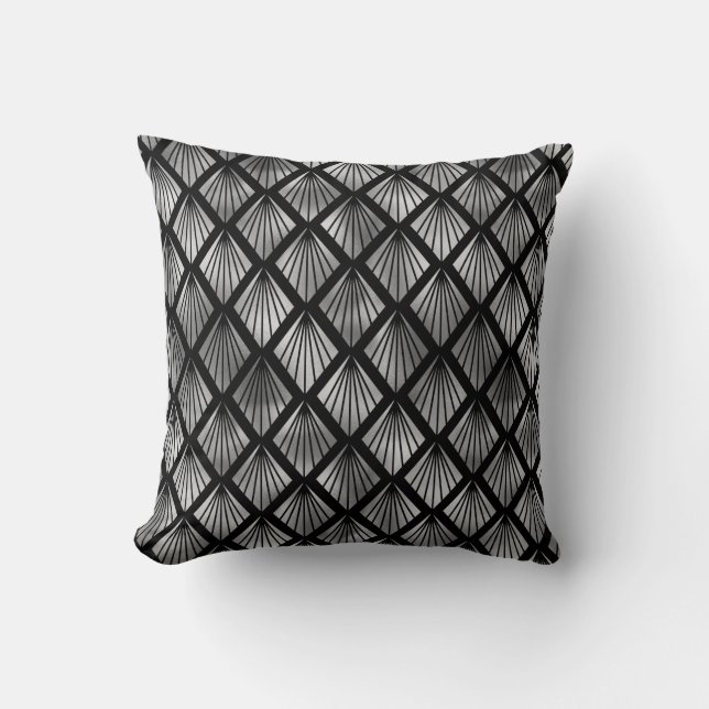 Coussin Ventilateurs Art déco en argent sur noir (Recto)