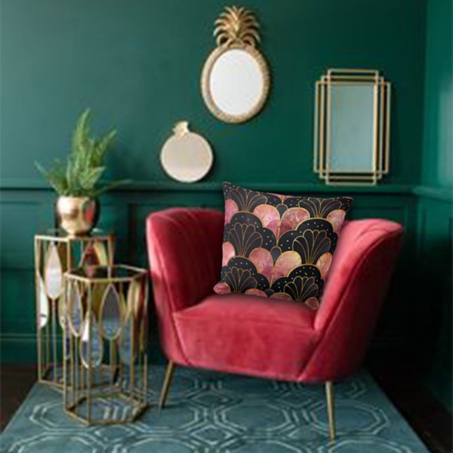 Coussin Ventilateurs Art déco stylisés en noir et rose (Créateur téléchargé)