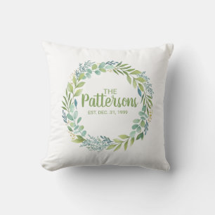 Coussin Verdure botanique Aquarelle Monogramme de couronne