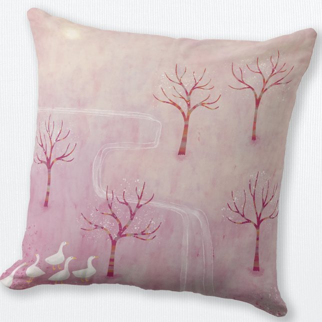 Coussin Verger rose avec peinture paysage d'oies (Geese in the Orchard pink landscape art throw pillow)