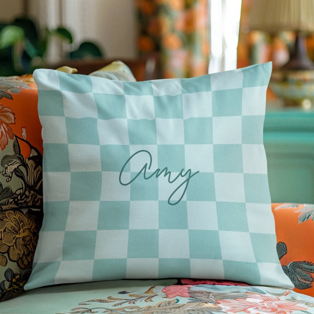 Coussin Vérificateurs sarcelle monoline Nom (Teal Checkers Monoline Name Throw Pillow)