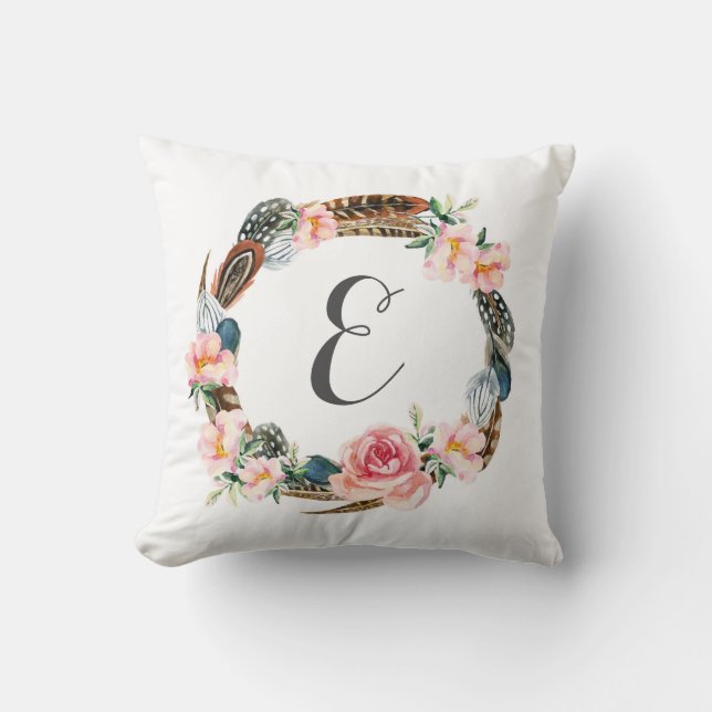Coussin Vermine d'aquarelle florale avec plumes| Monogramm (Recto)