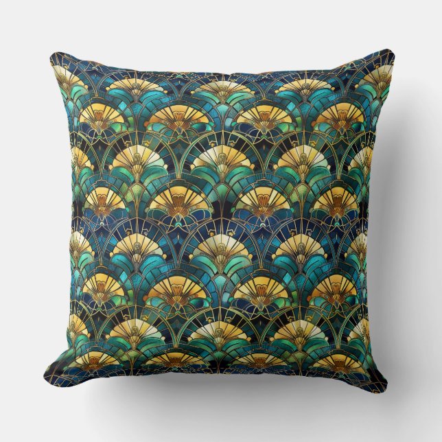 Coussin Verre bleu sarcelle et or Paon teinté (Recto)
