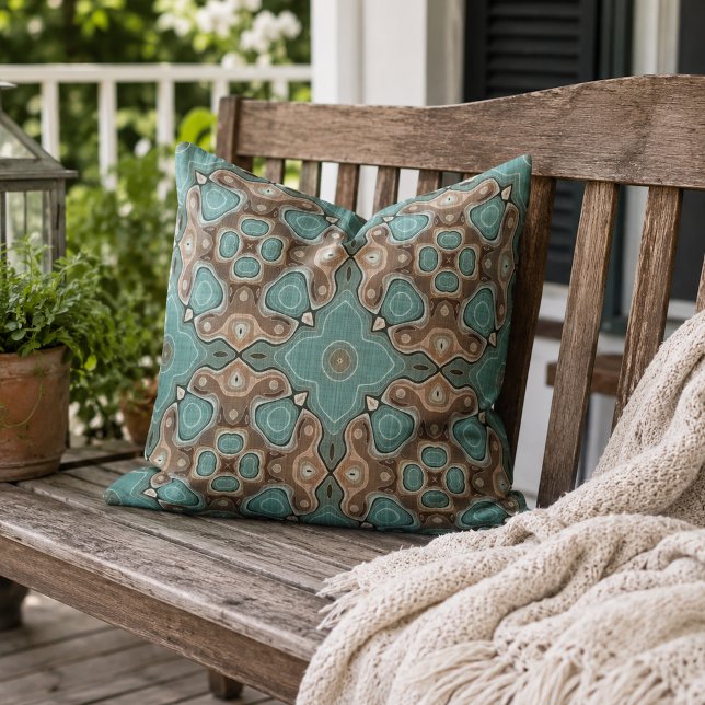 Coussin Verre de mer marron sarcelle bleu vert Art tribal  (Créateur téléchargé)
