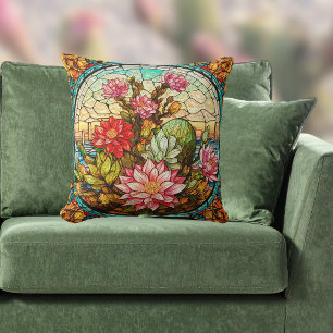 Coussin Verre Faux Teinté Fleurs Cactus et Rose du Sud-Oue