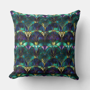 Coussin Verre turquoise, violet et or peacock