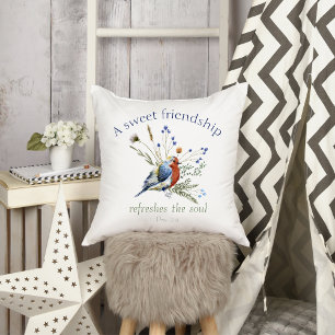 Coussin Verset Bible "Une douce amitié" Aquarelle Oiseau