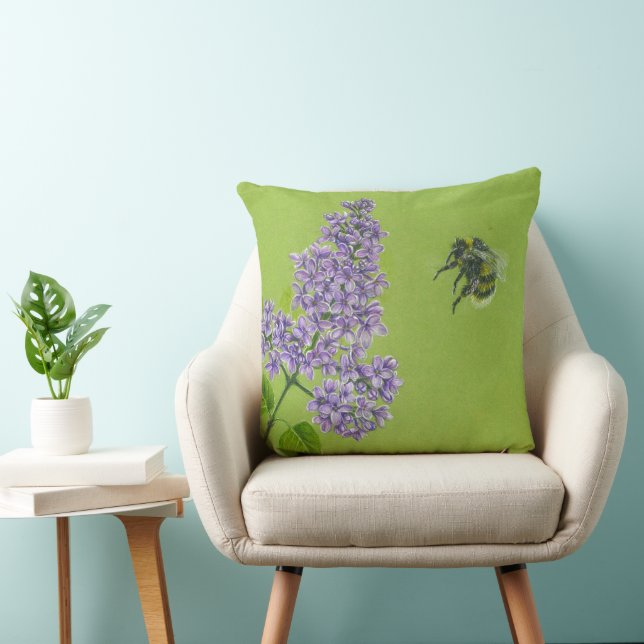 Coussin vert avec lilas et bourdons (Chaise)