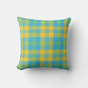 Coussin Vert, Bleu Ciel, Motif Plaid Jaune
