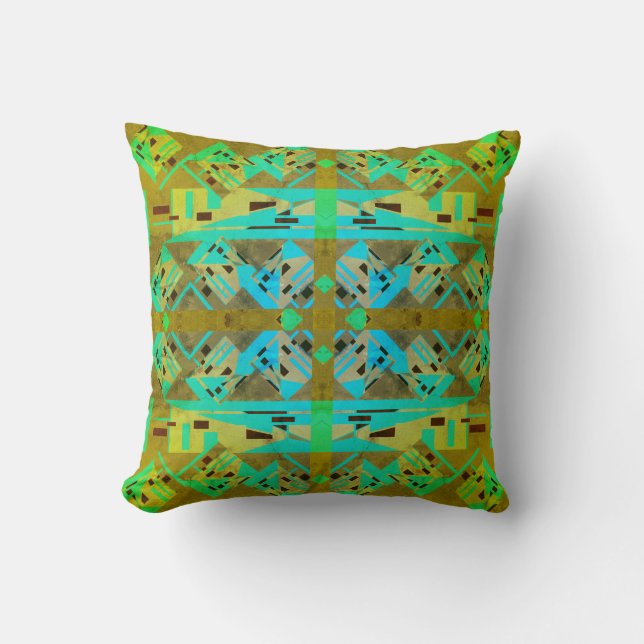 Coussin Vert Bleu Or Tan Sud-Ouest Grande Mosaïque Design (Recto)