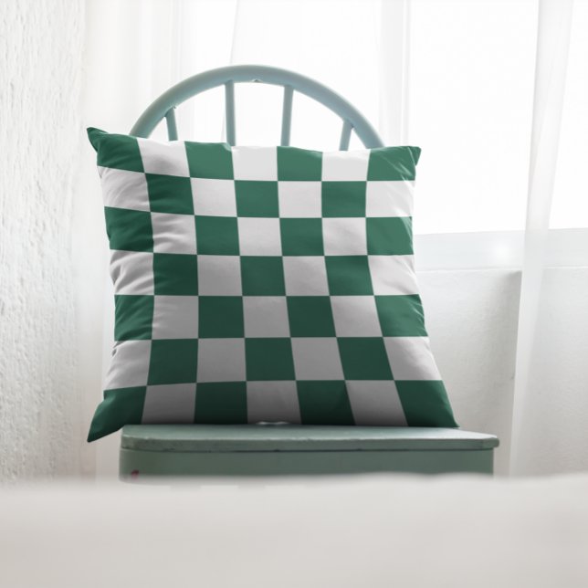 Coussin Vert chasseresse et carreaux blancs (Hunter Green and White Checkered Throw Pillow)