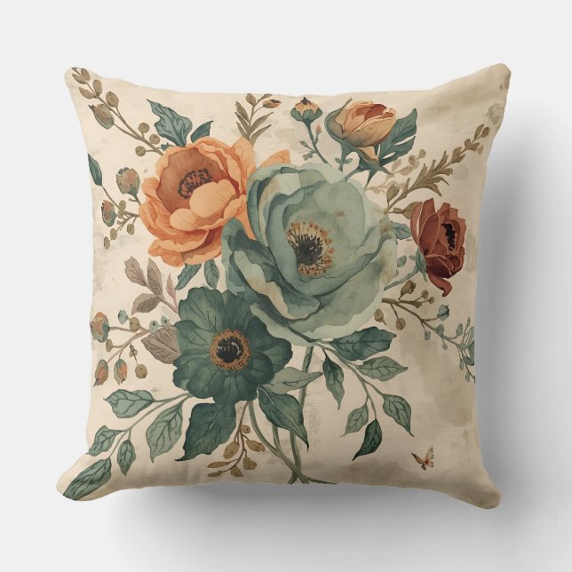 Coussin Vert Chasseur Orange Brûlée Sauge Floral Campagnar (Recto)