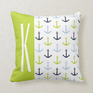 Coussin Vert chaux, bleu clair, marine, Ancres nautiques