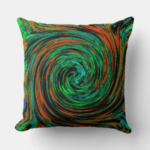 Coussin Vert Citron et Tourbillon Rétro Abstrait Orange