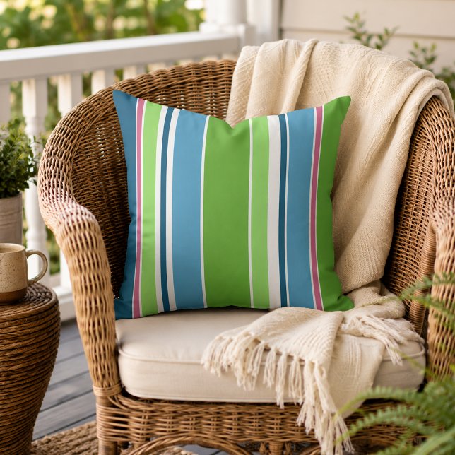 Coussin Vert citron sarcelle foncé rose chaud rayures blan (Créateur téléchargé)