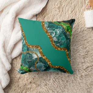 Coussin Vert émeraude et agate géode paillettes dorées