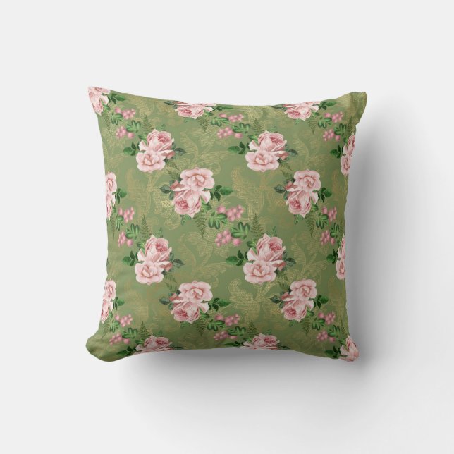 Coussin Vert et or aux roses roses roses (Recto)