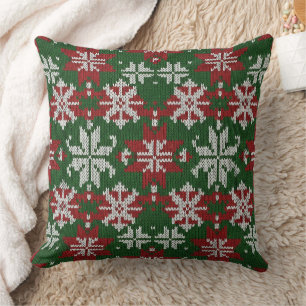 Coussin Vert festif Rouge et Blanc Tricot Nordique