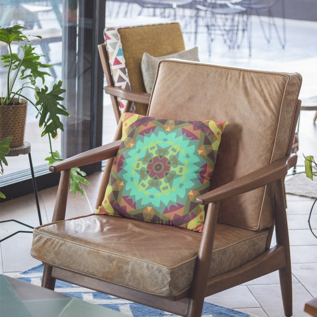 Coussin Vert fleur Mandala rétro violet et orange (Créateur téléchargé)