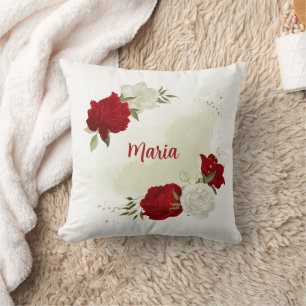 Coussin Vert floral blanc rouge