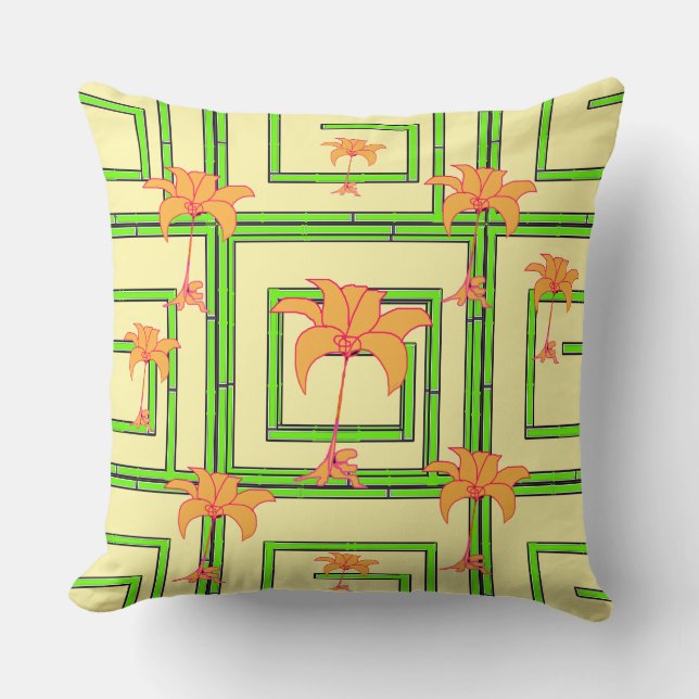 Coussin Vert Jaune Pâle Géométrique Floral (Recto)