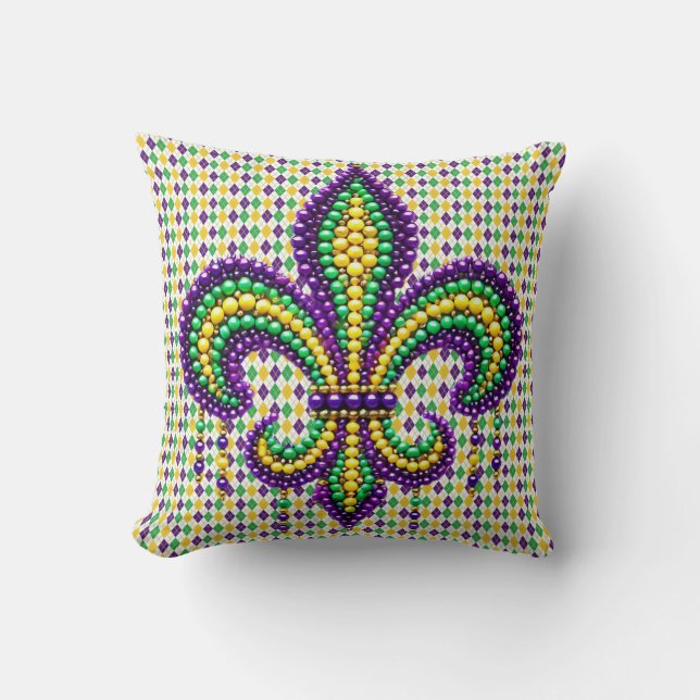 Coussin Vert jaune pourpre Mardi Gras fleur de lis (Recto)