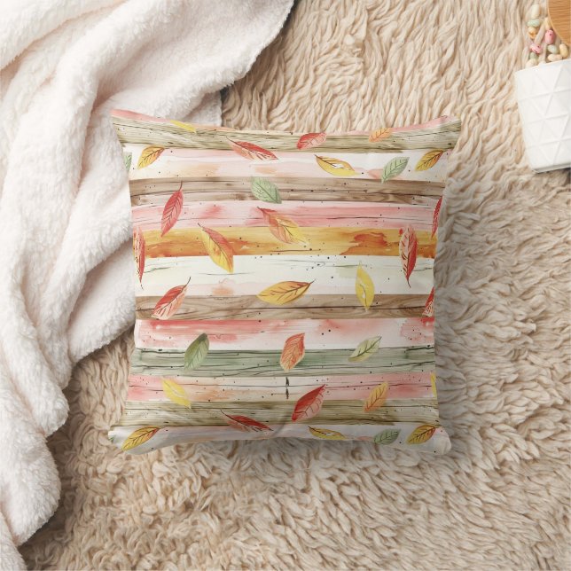 Coussin Vert Jaune Rouge Rose Feuilles D'automne Rayures (Couverture)