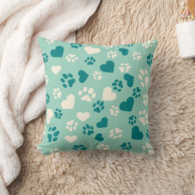 Coussin Vert Menthe avec Empreintes de Patte en Sarcelle e (Couverture)