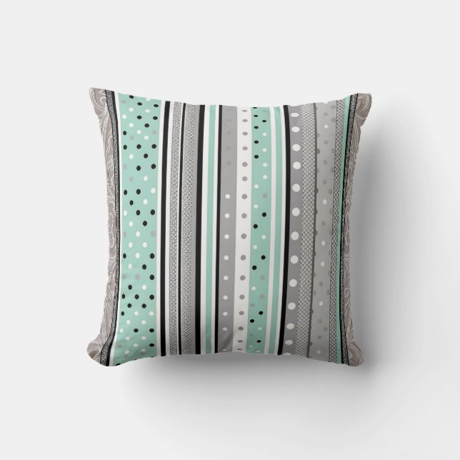 Coussin Vert Menthe Gris et Blanc rayé à pois  (Recto)