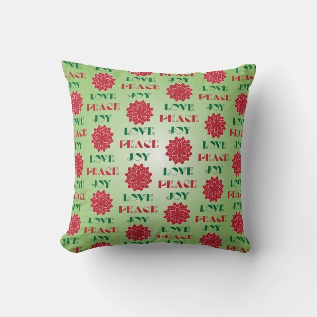 Coussin Vert moderne et rouge Amour, Paix, Joie citation (Recto)