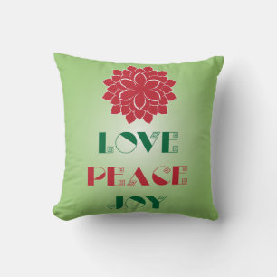 Coussin Vert moderne et rouge Amour, Paix, Joie citation