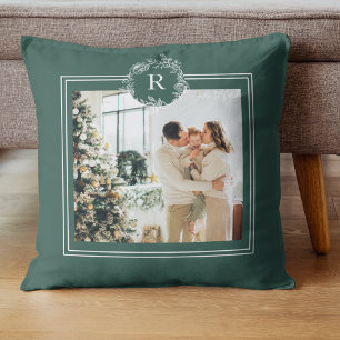 Coussin Vert moderne   Photo de famille   Initiale