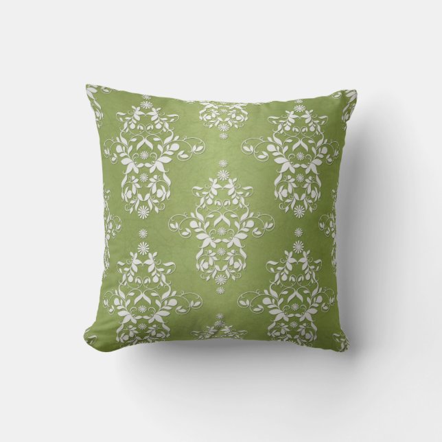 Coussin Vert mousse et damas floral blanc (Recto)