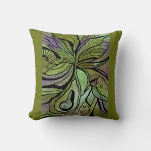 Coussin vert olive avec design floral abstrait