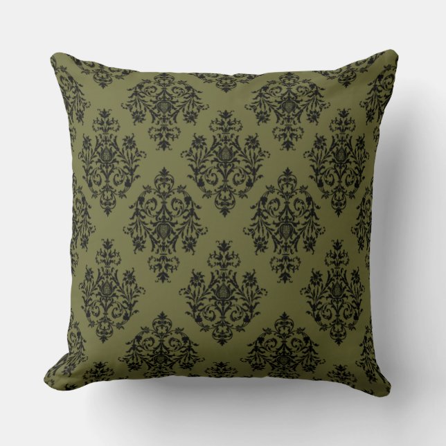 Coussin Vert olive et damas noir (Recto)