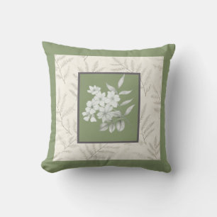 Coussin Vert olive tendance avec fleurs blanches