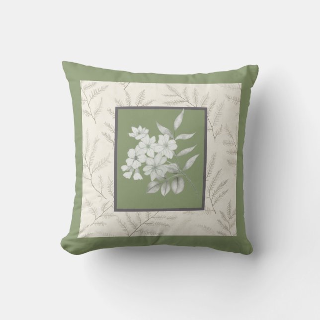 Coussin Vert olive tendance avec fleurs blanches (Recto)