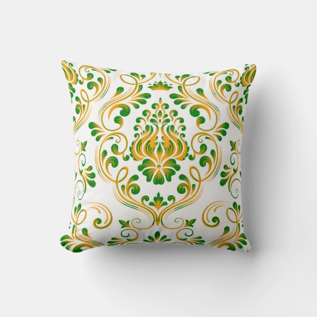 Coussin Vert Orange Blanc Damas Motif Floral Élégant (Recto)