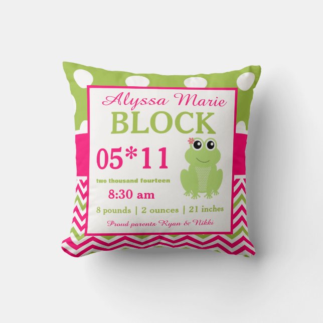 Coussin vert rose de faire-part de bébé de (Recto)