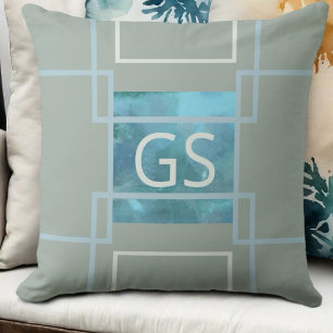 Coussin Vert Sage bleu turquoise monogramme moderne