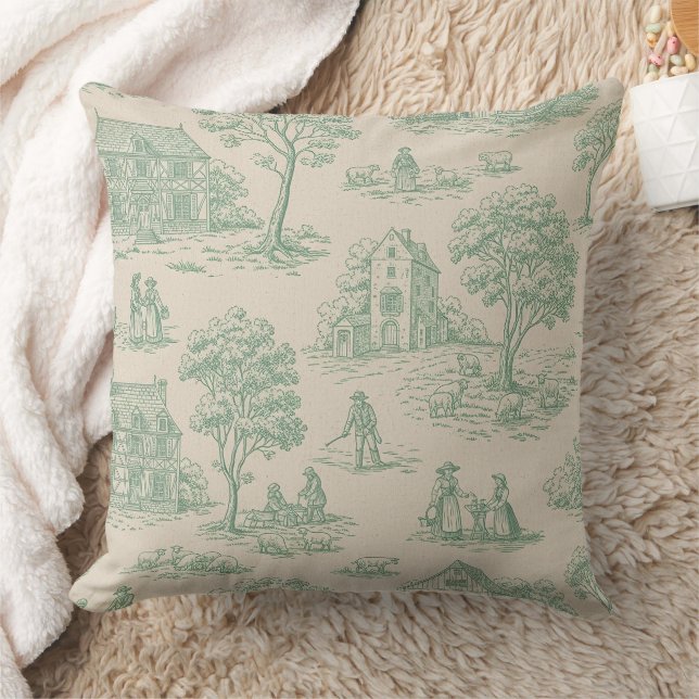 Coussin Vert sage toile pastorale Scène de ferme à la camp (Couverture)