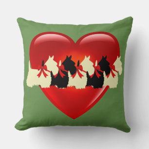 Coussin Vert sauge, 6 chien Terrier écossais, cœur rouge