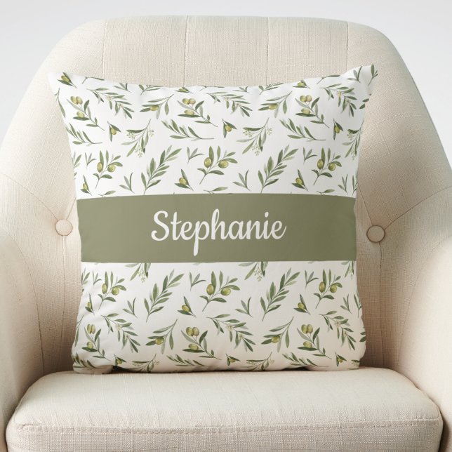 Coussin Vert sauge aquarelle olives monogramme nom (Créateur téléchargé)